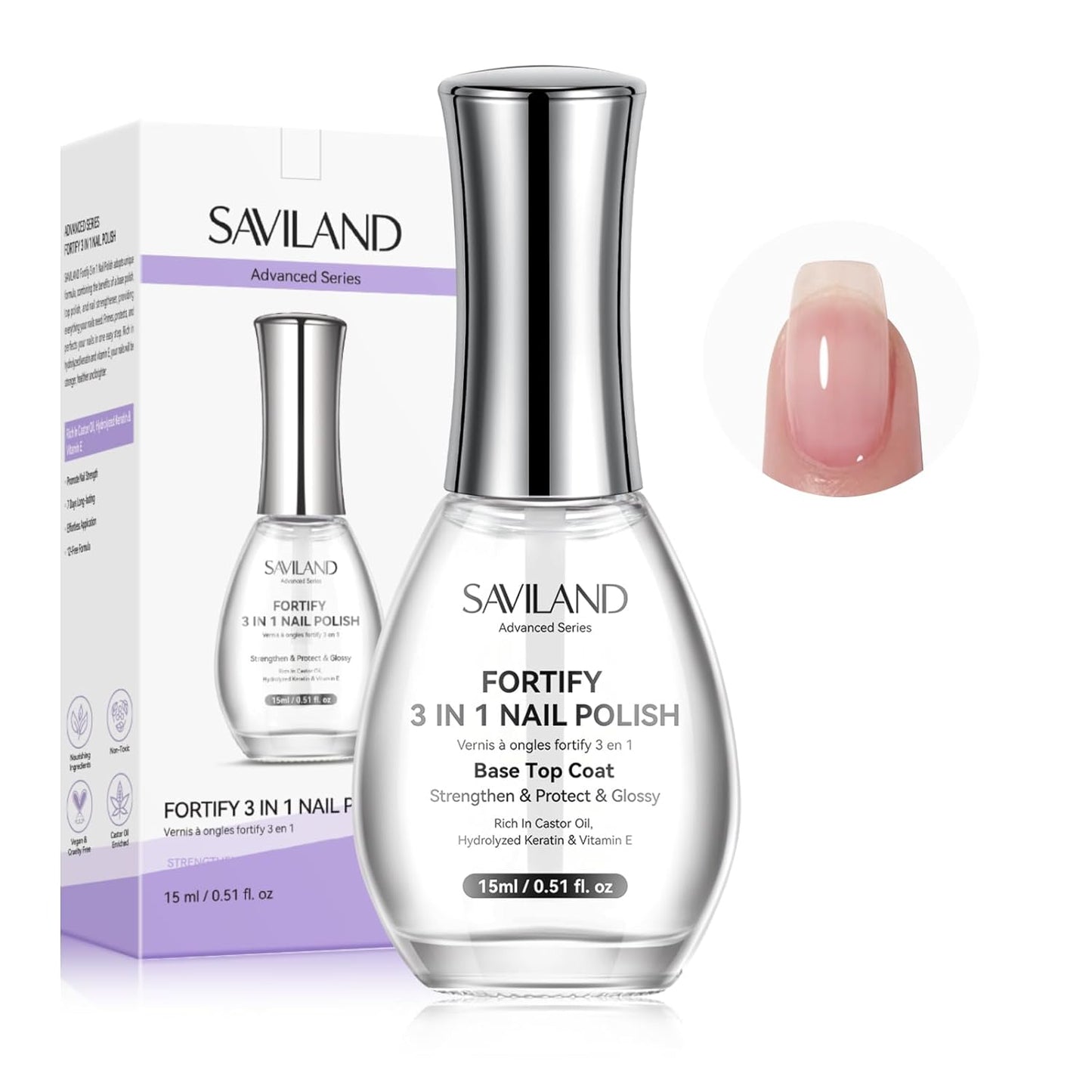 SAVILAND Advanced 3-in-1 Base & Top Coat & Nail Strengthener: Quick Dry Clear Nail Polish Nail Strengthener and Growth for Nail Treatment Repair Damaged Nails Care, Glossy Effect 0.5 fl oz-Velvo Beauty