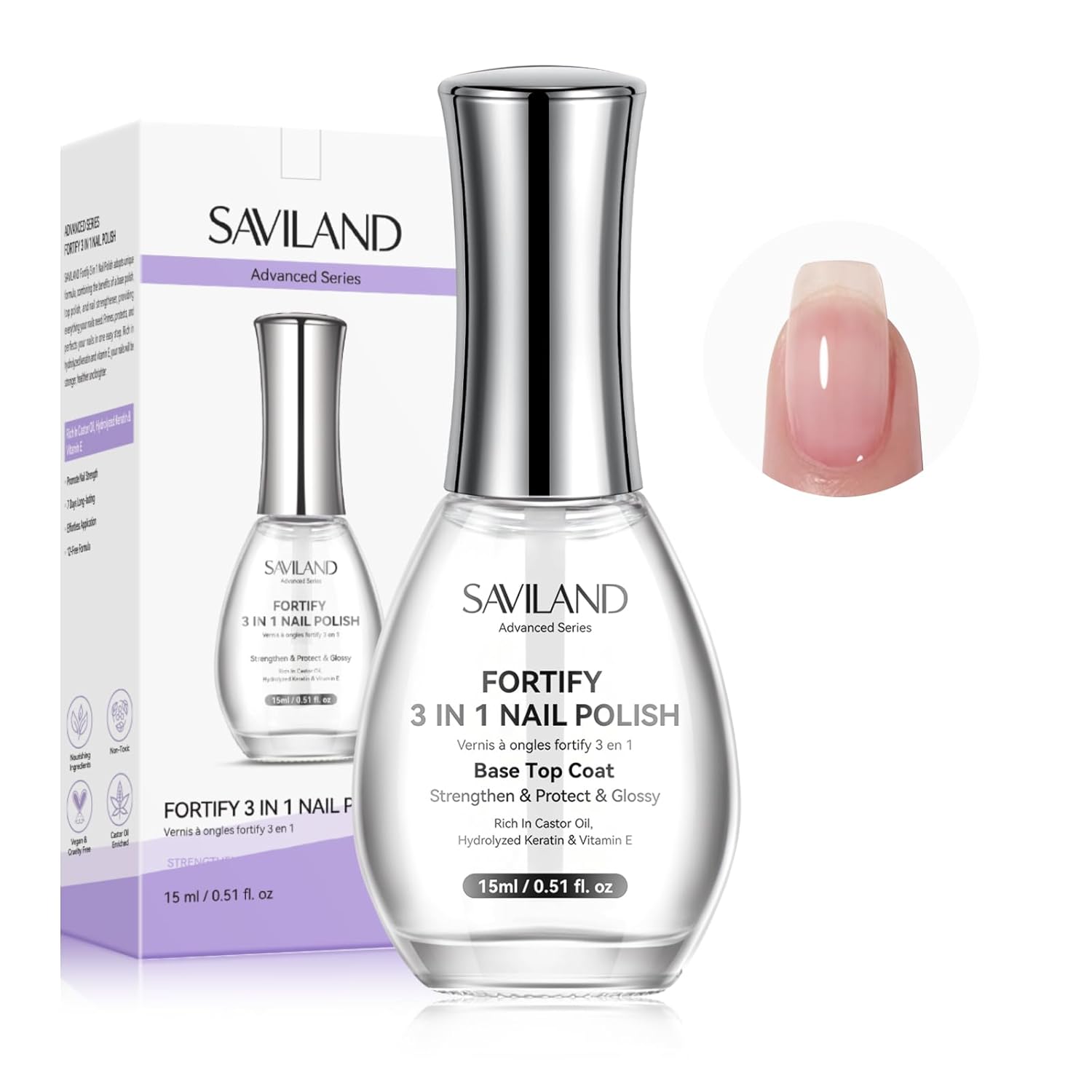 SAVILAND Advanced 3-in-1 Base & Top Coat & Nail Strengthener: Quick Dry Clear Nail Polish Nail Strengthener and Growth for Nail Treatment Repair Damaged Nails Care, Glossy Effect 0.5 fl oz-Velvo Beauty