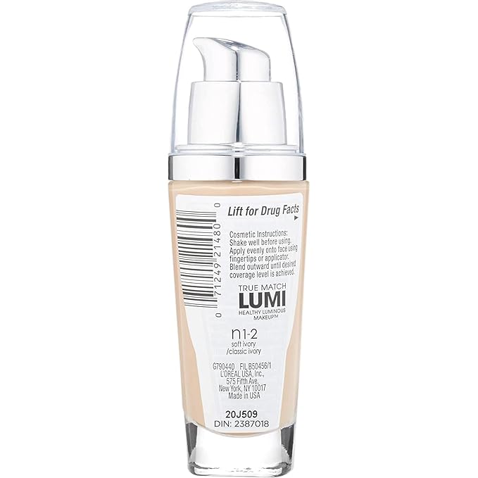 L'Oreal Paris True Match Lumi Healthy Luminous Makeup, N1-2 Soft Ivory Classic Ivory , 1 fl; oz.-Velvo Beauty