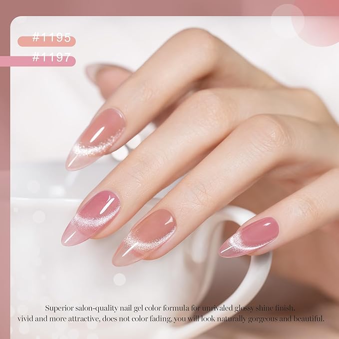 RARJSM Nude Cat Eye Gel Polish Set 6 Pcs Sparkle Diamond Glitter Sheer Purple Soft Pink Chanpagne Gold Velvet Ice Jelly Glass Cateye Gelpolish with Magnet Stick UV LED Curing Requires Home Manicure-Velvo Beauty