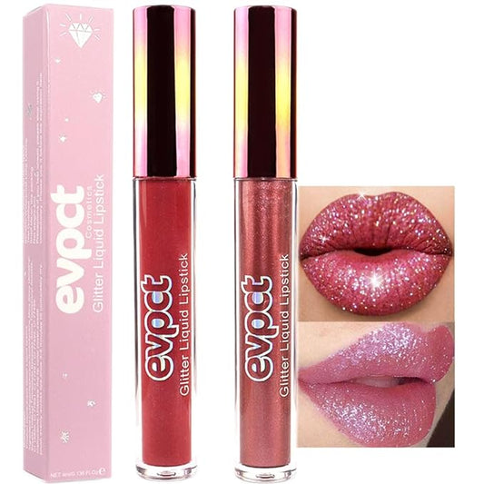 evpct 2Pcs Wine Red Plum Red Matte to Glitter Liquid Lipstick Set Kit for Women Long Lasting Glossy Metallic Shimmer Sparkle Lipstick Lip Gloss 6+15-Velvo Beauty