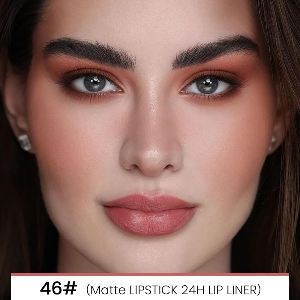 Kaely 2-in-1 Nude Pink Velvet Matte Lip Liner & Lipstick Combo Set Kit for Women, Magic 24 Hours Lipstick and Lip Liner Makeup Set Stain Long Lasting Waterproof labial 46-Velvo Beauty