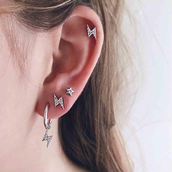 Bohemia Crystal Thunder Hoop Earrings Cz Lighting Bolt Studs Earrings Silver Lighting Drop Earrings Multiple Piecing Dot Earrings for Women and Girls-Velvo Beauty