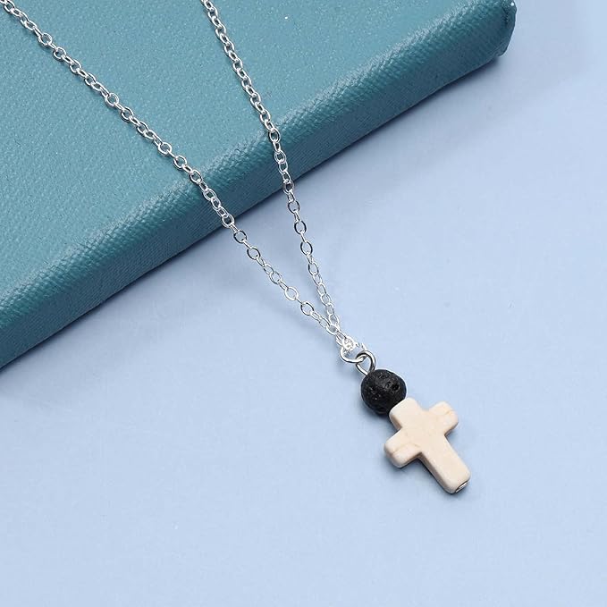 Boho Cross Pendant Necklace Black Lava Bead Choker Necklace Silver Chain Necklace Minimalist Everyday Necklace Jewelry for Women and Girls-Velvo Beauty