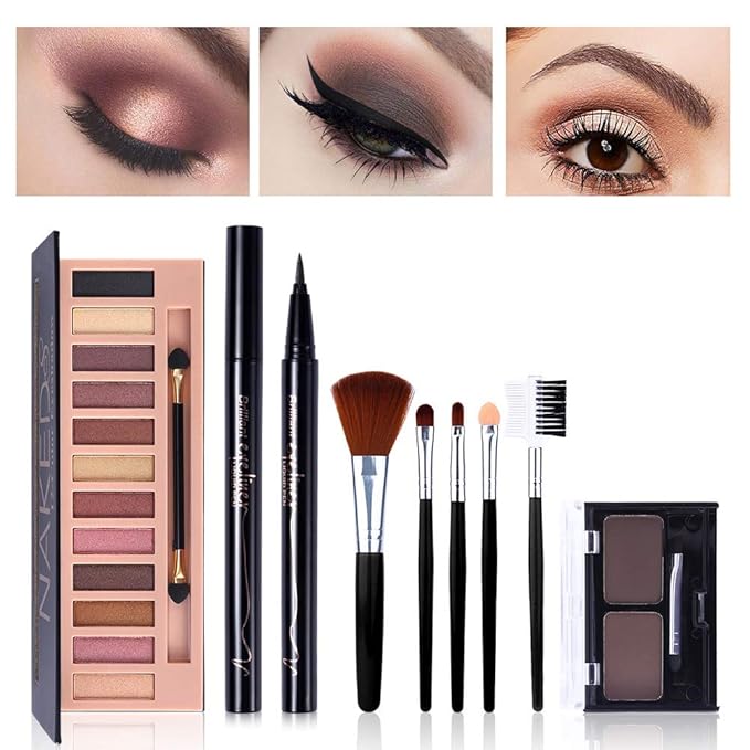All in One Makeup Kit,12 Colors Nude Shimmer Eyeshadow Palette, Waterproof Black Eyeliner Pencil, Duo Pressed Eyebrow Powder Kit, 5 Brushes With Quicksand Cosmetic Bag Gift Set-Velvo Beauty