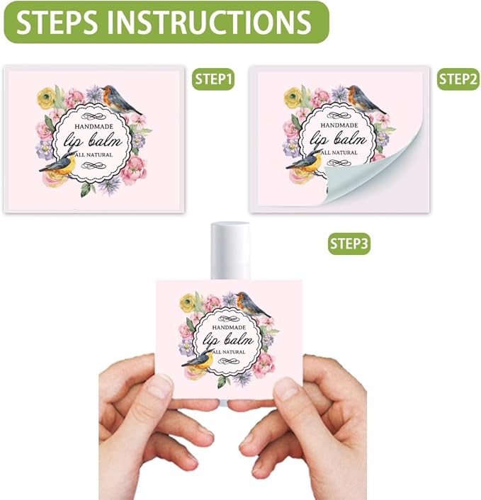 OLYCRAFT 100Pcs Self-Adhesive Lip Balm Tag Stickers 1.7x2.1 inch Waterproof Adhesive Label with Bird Patterns Rectangle Lipstick Tag Sticker for Lip Balm Container Tubes Lipstick Wrapping Decoration-Velvo Beauty
