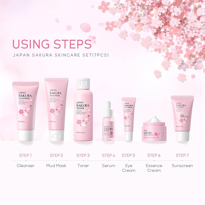 Skin Care Set JAPAN-SAKURA Women Beauty Gift Sets Skin Care Kit, Self-Care Skincare Set: Cleanser,Toner,Serum,Cream,Mud Mask,Eye Cream,Sunscreen, Facial Kit for Women Teen Girls Mom Daughter 7pcs-Velvo Beauty