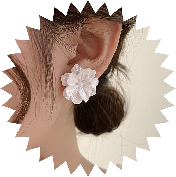 Unique Large White Flower Earrings Studs Vintage Acrylic Floral Petal Earrings Statement French Camellia Flower Earrings Studs Bridal Wedding Prom Earrings Jewelry for Women-Velvo Beauty