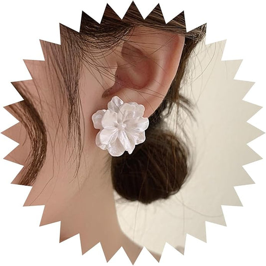 Unique Large White Flower Earrings Studs Vintage Acrylic Floral Petal Earrings Statement French Camellia Flower Earrings Studs Bridal Wedding Prom Earrings Jewelry for Women-Velvo Beauty