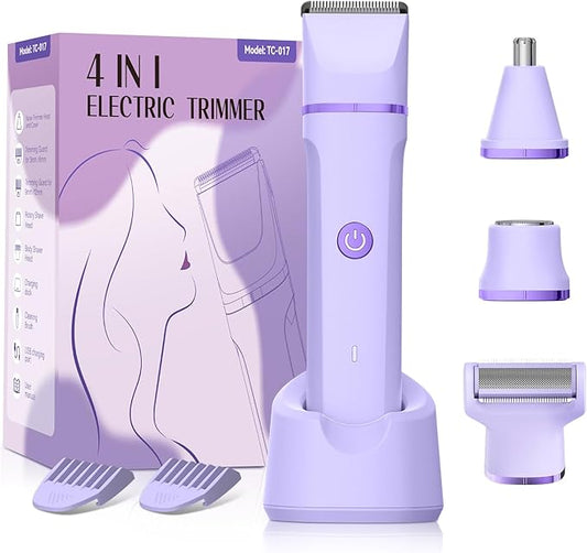 Electric Razors for Women - 4 in 1 Bikini Trimmer for Women, Waterproof Body Pubic Shaver for Womens Wet & Dry Use, Replaceable Facial & Nose Hair Trimmer, Rechargeable Hair Removal Kit, Purple-Velvo Beauty