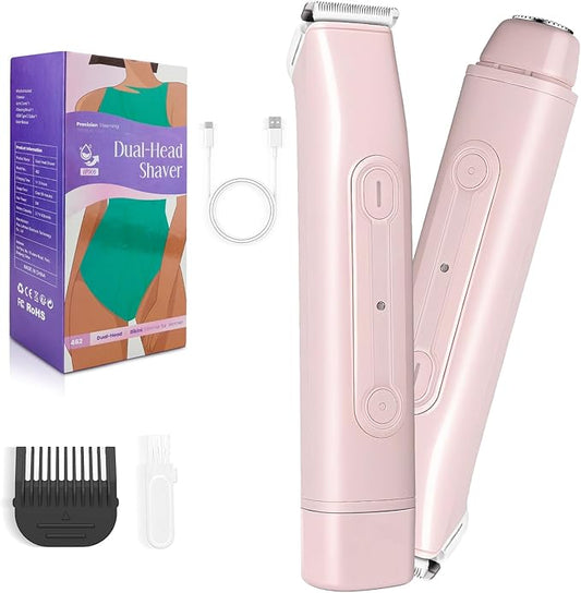 Lanumi 2 in 1 Electric Shaver Dual Head Bikini Trimmer Women IPX6 Wet Dry Pubic Hair Trimmer Rechargeable Body Facial Hair Remover for Face Lip Chin Underarm Legs (Pink)-Velvo Beauty