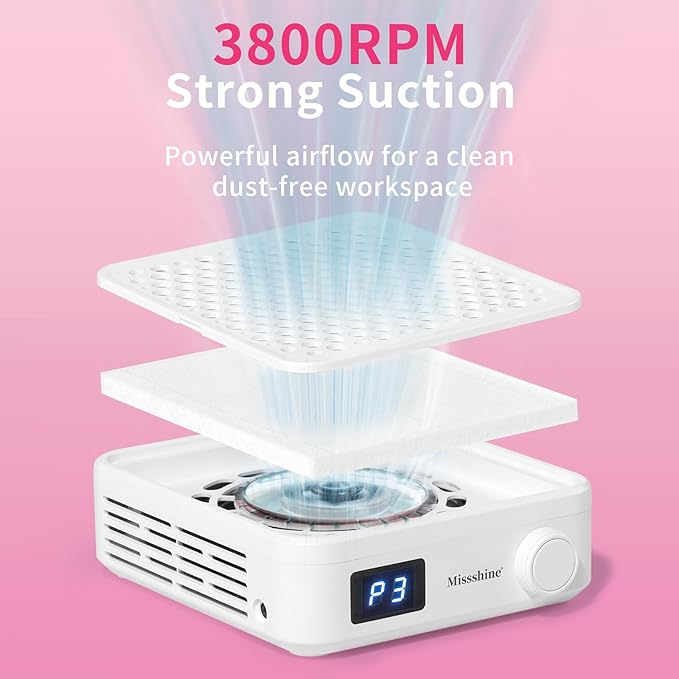 Missshine Nail Dust Collector with Adjustable Suction Power，Mini Vacuum Nail fan Dust Collector With Reusable Filter for Girls-Velvo Beauty