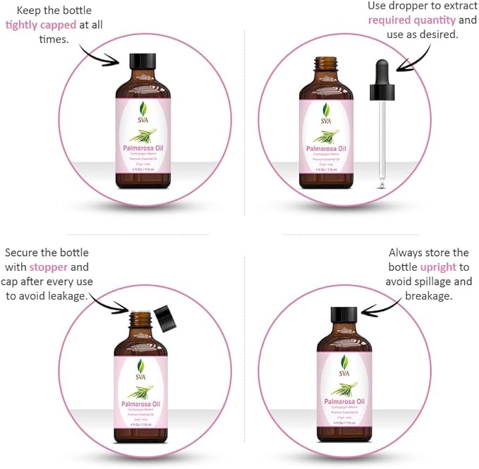 SVA Palmarosa Essential Oil – 4 Fl Oz – 100% Natural Palmarosa Oil - for Diffuser, Hair Care, Face, Skin Care, Aromatherapy, Scalp and Body Massage, Soap and Candle Making – with Dropper-Velvo Beauty