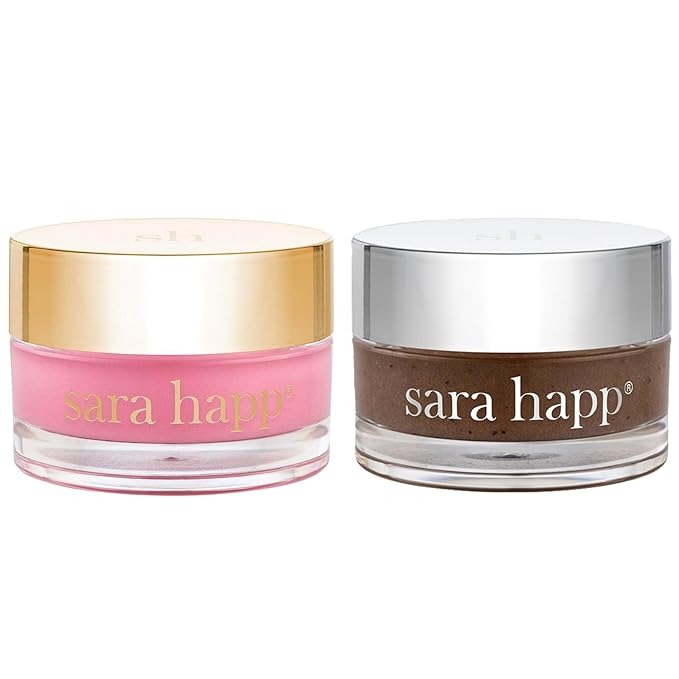 sara happ Sweet Clay Mask + Vanilla Bean Sugar Scrub Lip Duo, Exfoliating and Moisturizing Lip Treatments for Dry and Flaky Lips, Vegan (0.47 ounce and 0.5 ounce jars)-Velvo Beauty