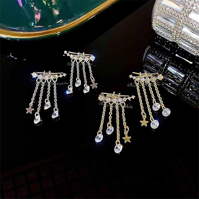 Boho Star Ear Jacket Earrings Gold Cz Star Ear Climber Earrings Crystal Chain Tassel Earrings Crystal Ear Crawler Long Chain Earrings Jewelry for Women and Girls Gifts-Velvo Beauty