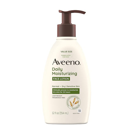 Aveeno Daily Moisturizing Face Lotion with Soothing Prebiotic Oat, Gentle Lotion Nourishes Normal to Dry Skin With Moisture, Sensitive Skin, Fragrance-Free, 12 fl. oz-Velvo Beauty
