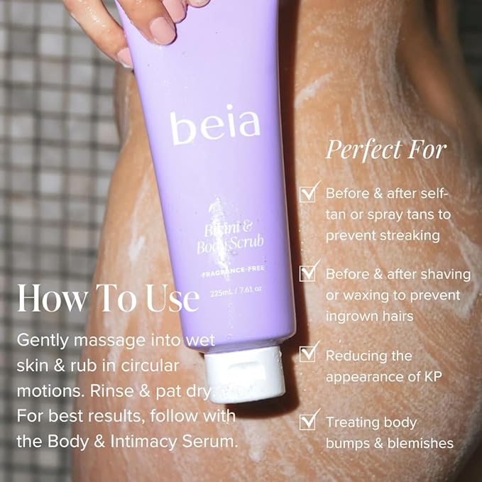 Beia Bikini & Body Scrub - Gentle Exfoliating Body Scrub with Glycolic Acid & Rice Extract - Fights Ingrown Hairs KP Bumps & Dry Skin - Hydrating & Soothing for Sensitive Skin 7.6 Oz-Velvo Beauty