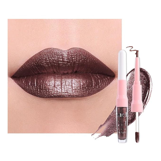evpct Dark Brown Metallic Glitter Lip Liner and Lipstick Combo Lip Gloss Stain Set Makeup for Women Long Lasting Waterproof 24, Chocolate Metallic Shimmer Frosted Iridescent Shiny Liquid Lipstick 11-Velvo Beauty