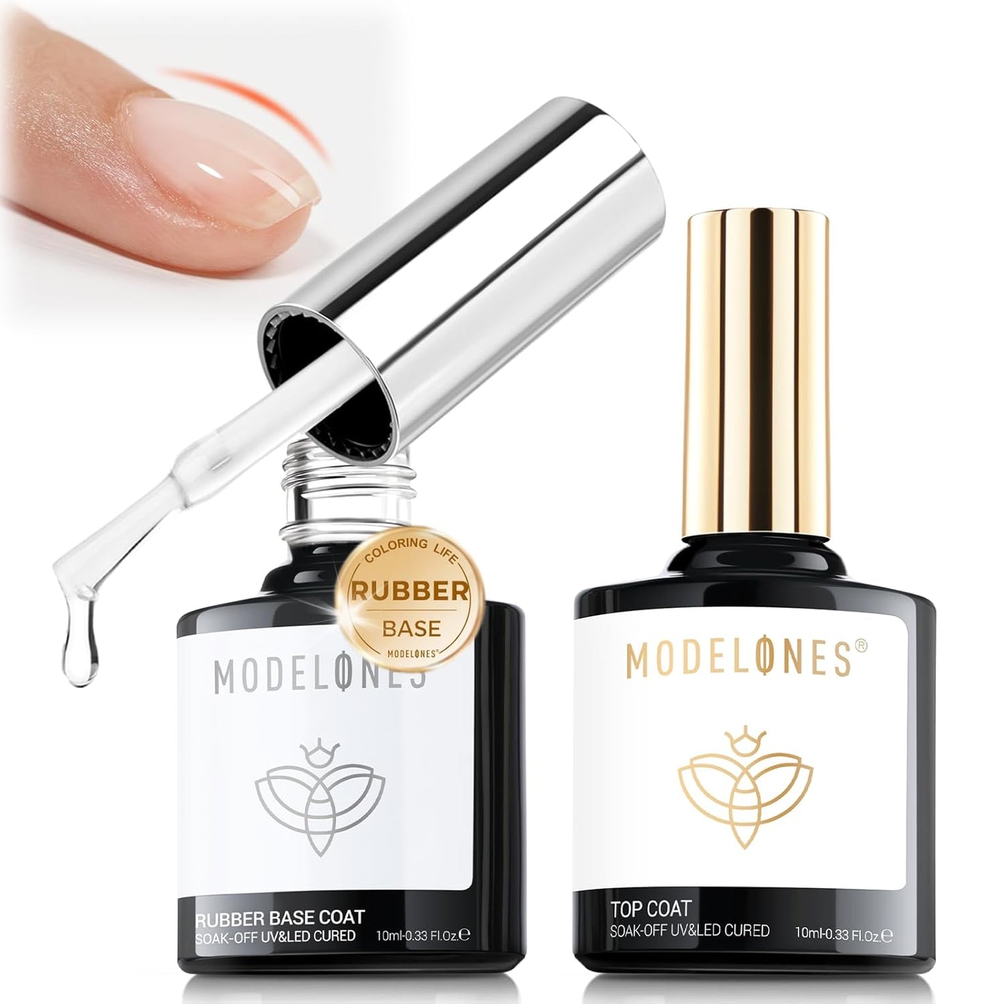 modelones Rubber Builder Gel Base and No Wipe Top Coat Set, 2Pcs Rubber Base and Clear Top Coat Gel Nail Polish for Strengthener Apex Building Long Last Soak Off Uv Fall Manicure Tables Thin Weak Nail-Velvo Beauty