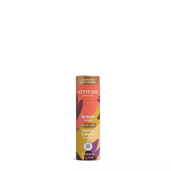 ATTITUDE Plastic-free Lip Balm with Sun Protection SPF 15, EWG Verified, Plant- and Mineral-Based Ingredients, Vegan and Cruelty-free, Mango, 0.3 Oz-Velvo Beauty