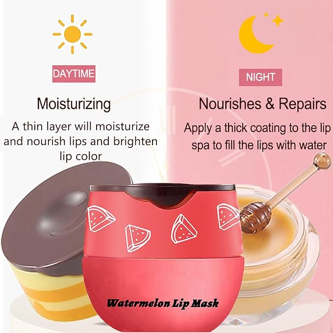 Bee Lip Balm Honey Pot,1Pcs Watermelon Lip Balm Moisturizing Lip Sleeping Mask Hydrating Prevention Dry & Cracked Lip Exfoliator Lip Wrinkle Lip Care Lip Mask Overnight Reduces Lip Line (Watermelon)-Velvo Beauty