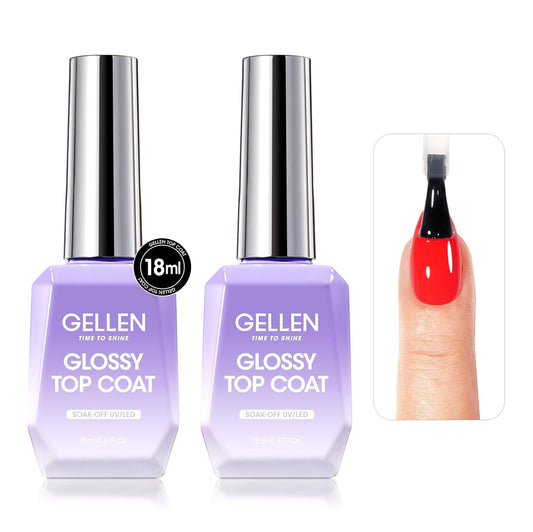 GELLEN 2 Pcs No Wipe Gel Top Coat Set, 18 ml Glossy Top Coat Gel Nail Polish, High Shiny Soak Off UV Lamp Clear Nail Polish, Home Salon Manicure Set-Velvo Beauty
