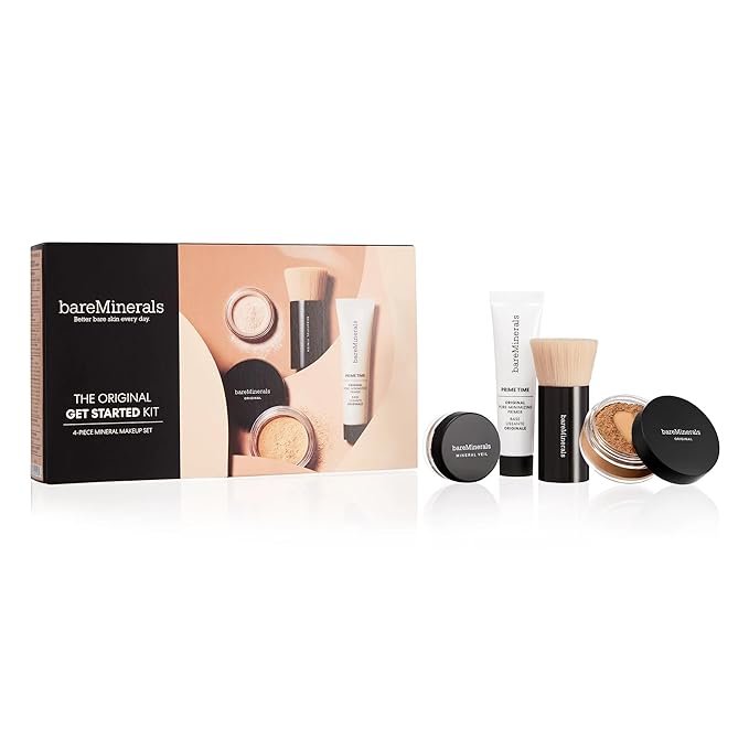 bareMinerals Original Get Started Kit, 4 Piece Mini Mineral Makeup Includes Original Loose Foundation, Face Primer, Setting Powder, Brush, Travel Sizes, Must-Have Kit, Vegan-Velvo Beauty