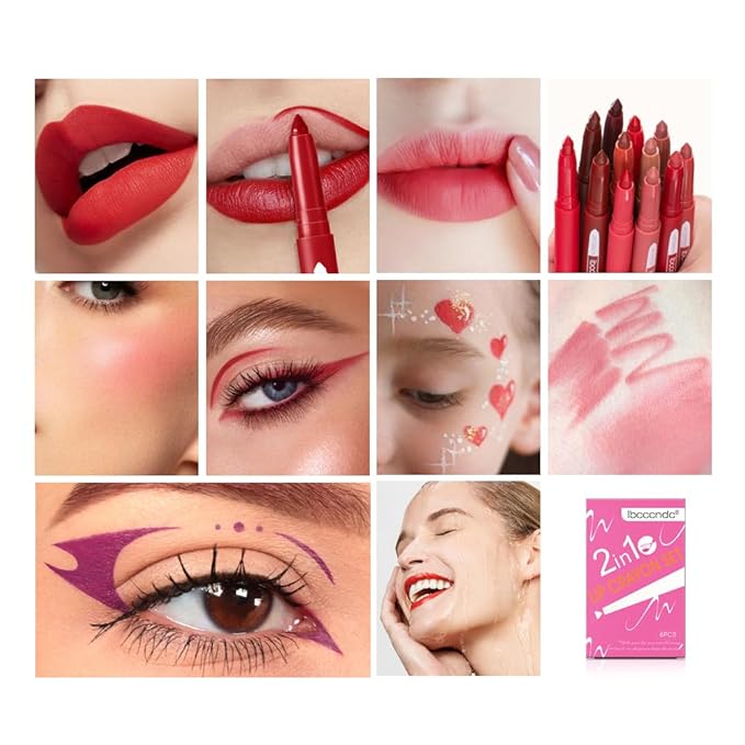ibcccndc 6PCS Lip Liner and Lipstick Set - High Pigmented Creamy Matte Lip Liner Pencil Set for Girls and Women, Lip Makeup Gift Sets - Includes Nude and Red Lip Liners, Waterproof Formula (A)-Velvo Beauty