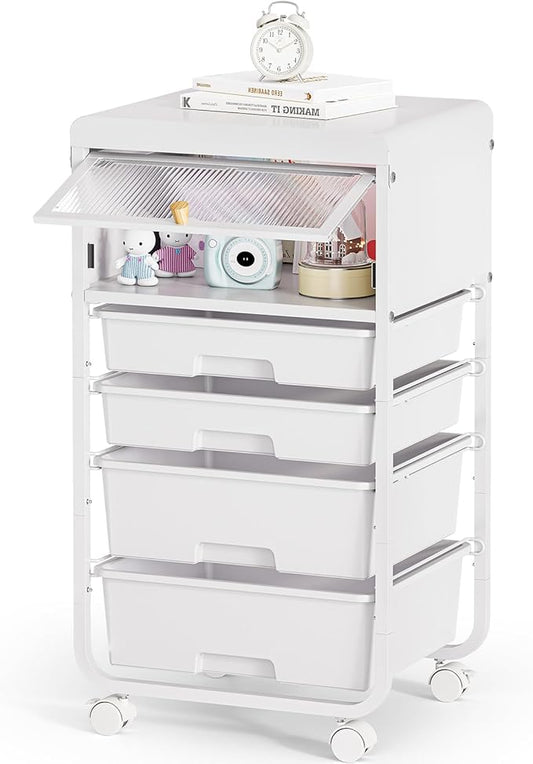 Utility-Rolling-Storage-Drawer-Craft-Cart-Organizers with 4 Drawers & Dust-proof Door for Kid Craft Art Room,Bedroom,Home Office, Craft Drawer cart, Classic White-Velvo Beauty