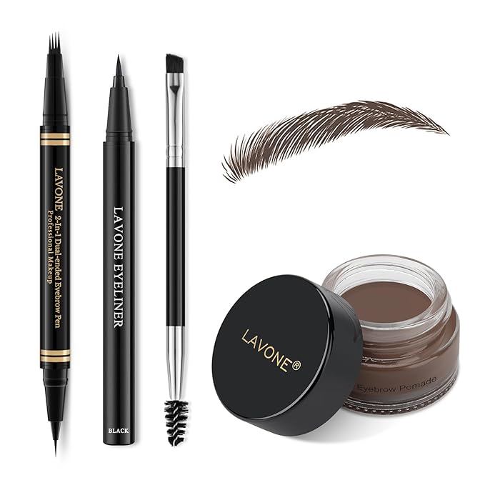 Eyebrow Pen Makeup Kit With 4 Tip Waterproof Microblading Pencil, Eyeliner, Pomade and Dual-ended Brush - Natural Looking Brow Kit for Brunette-Velvo Beauty