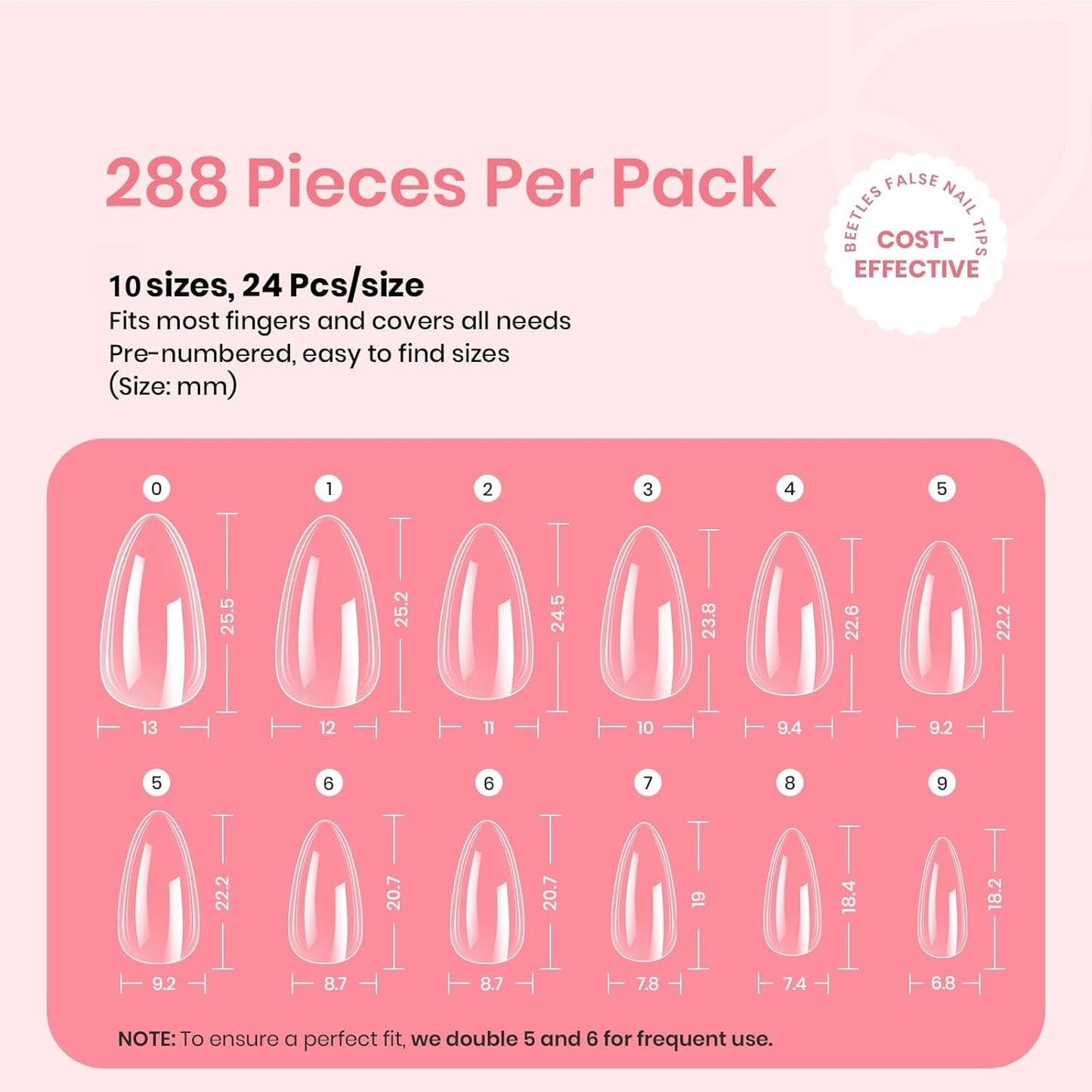 Beetles Gel Nail Tips Clear, Almond Medium, 288Pcs 10 Sizes, Pre-shaped Full Cover Soft Acrylic False Press On Nail Tips Almond Shape Easy Home DIY Fall Fake Nail Extension Art Salon Gift for Women-Velvo Beauty