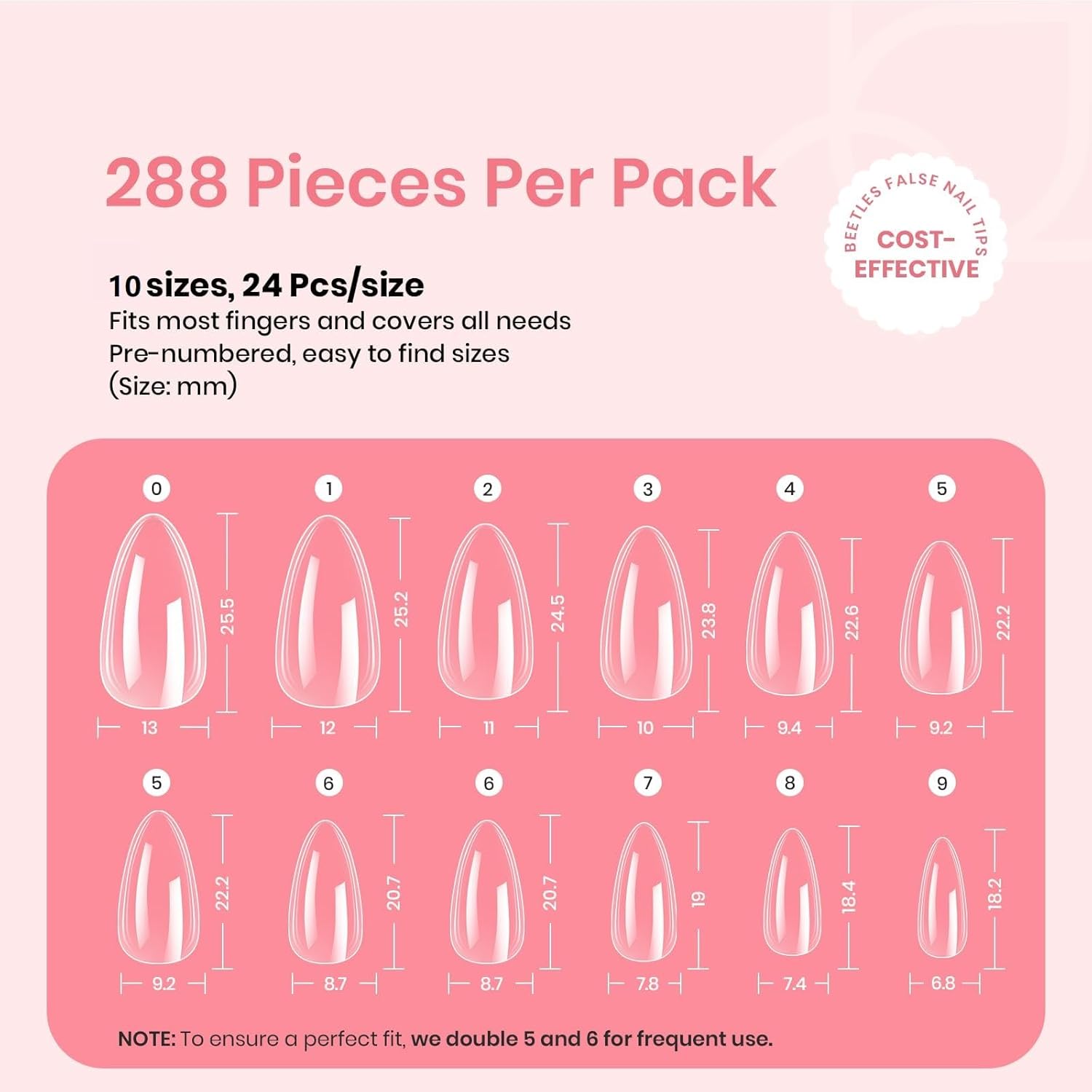 Beetles Gel Nail Tips Clear, Almond Medium, 288Pcs 10 Sizes, Pre-shaped Full Cover Soft Acrylic False Press On Nail Tips Almond Shape Easy Home DIY Fall Fake Nail Extension Art Salon Gift for Women-Velvo Beauty
