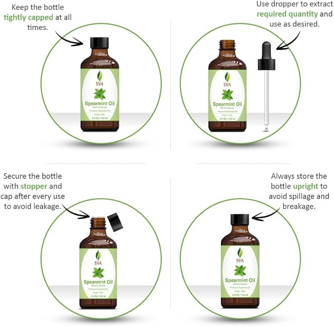 SVA Spearmint Essential Oil – 4 Fl Oz – 100% Natural Spearmint Oil - for Diffuser, Hair Care, Face, Skin Care, Aromatherapy, Scalp and Body Massage, Soap and Candle Making – with Dropper-Velvo Beauty