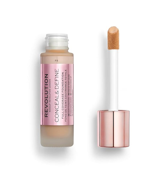 Revolution Beauty, Conceal & Define Foundation, Full Coverage, Long-Lasting Matte Finish, Vegan & Cruelty Free, F8 Light to Medium Skin Tones, 0.8 Fl.Oz.-Velvo Beauty