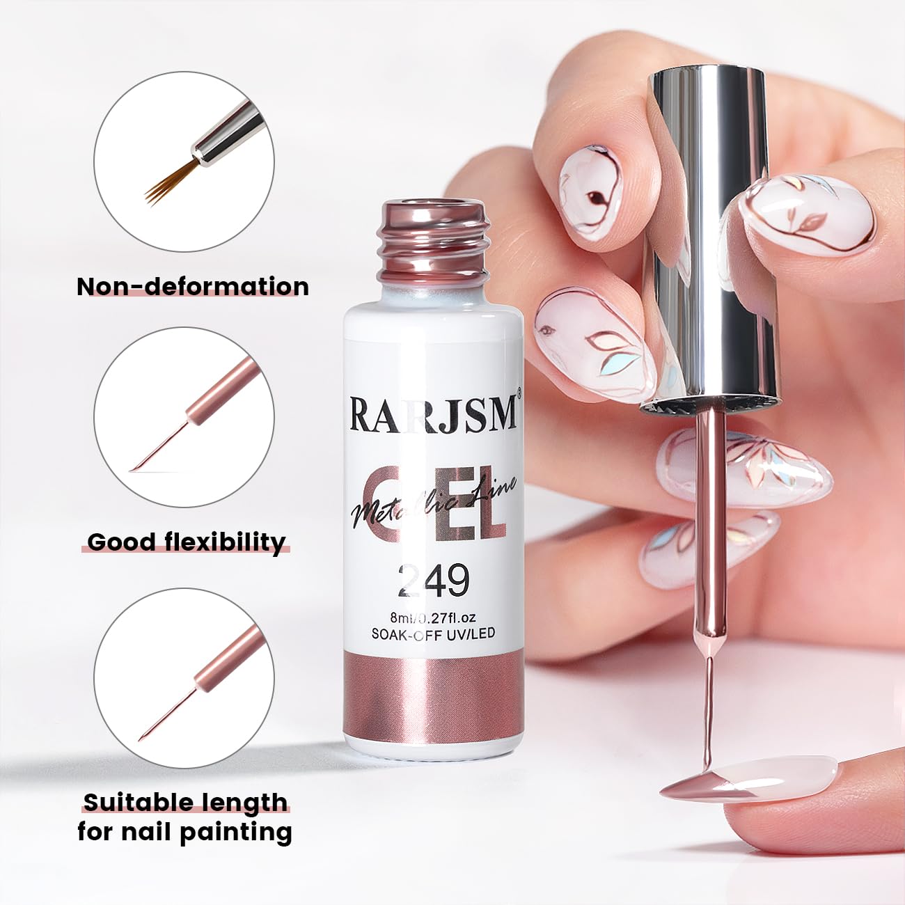 RARJSM Metallic Chrome Gel Liner Nail Art 3D Mirror Silver and Rose Gold Effect Gel Nail Polish 8ml Painting Build in Thin Brush Metal Painted Drawing Striper Gel Polish Curing Requires for Home Salon-Velvo Beauty
