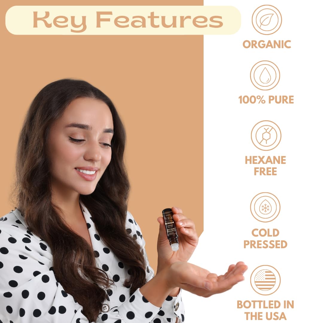100% Organic Castor Oil Roll On For Eyebrows, Lips, Under Eyes, Eyelashes, Cuticles - Mess Free Roller Ball - Certified Organic, Cold Pressed, Hexane Free - Travel Sized Glass Bottle-Velvo Beauty