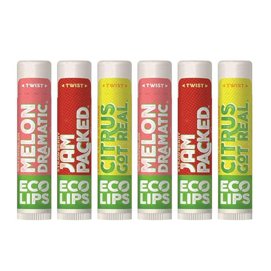 Eco Lips Freshly Squeezed Organic Fruit Lip Balms - Citrus Got Real (Lemon/Lime), Melondramatic (Watermelon), Jam Packed (Strawberry) Plastic-Free Plant Pod 6-pack by Eco Lips 100% Natural.-Velvo Beauty