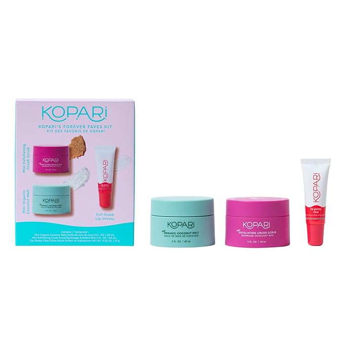 Kopari Forever Faves Bundle | Mini Organic Coconut Melt, Exfoliating Mini Coconut Crush Scrub, Clear Moisturizing Lip Glossy | Body and Lip Kit to Soothe and Hydrate Dry Skin | Cruelty Free, Vegan-Velvo Beauty