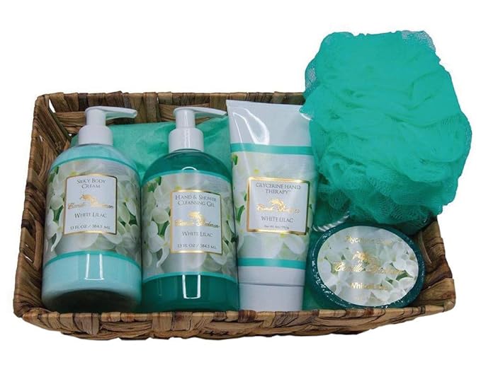 Camille Beckman Essentials Gift Basket, White Lilac, Glycerine Hand Therapy 6 oz, Silky Body Cream 13 oz, Hand and Shower Cleansing Gel 13 oz, Glycerine Soap 3.5 oz-Velvo Beauty