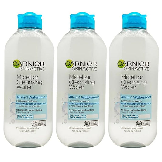 Garnier Skin Active Cleansing Water All in 1 Makeup Remover and Facial Cleanser 13.5 Pack, Micellar Waterproof, 40.5 Fl Oz, Pack of 3-Velvo Beauty