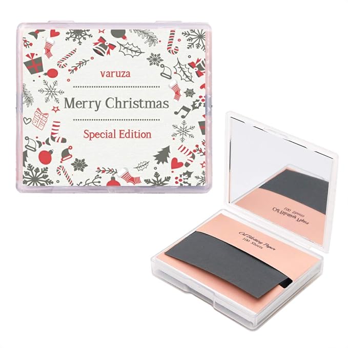 [200 Counts + Mirror Case] Christmas Edition Natural Bamboo Charcoal Oil Blotting Sheets for Face with Mirror Case-Velvo Beauty