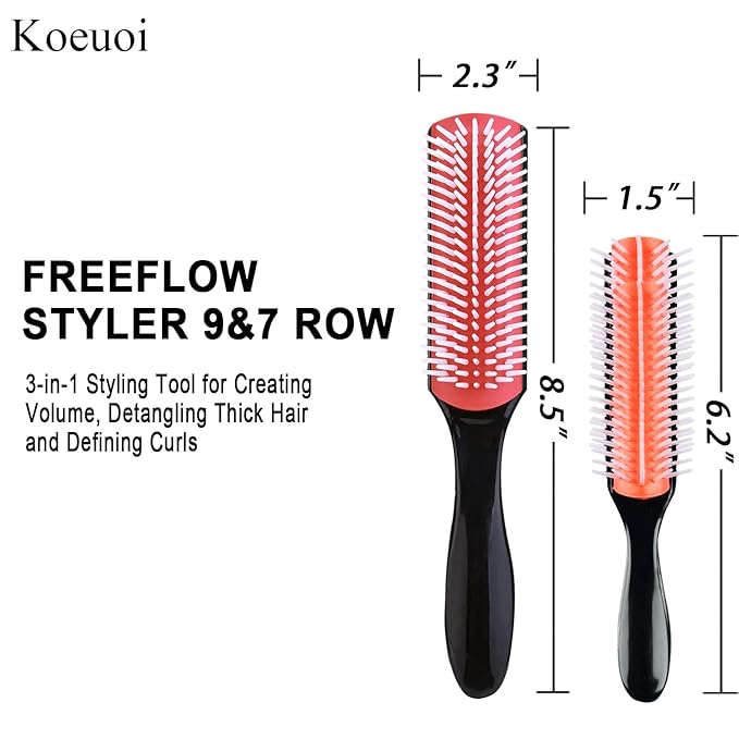 Classic Styling Hair Brush for Wet or Dry Curly Hair. 9 Row Black Brush for Detangling, Separating, Shaping-Velvo Beauty