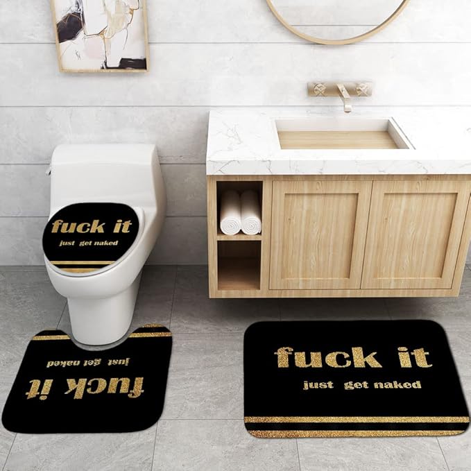 4PCS Gold Glitter Get Naked Shower Curtain Set, Funny Quote Stripe Luxury Glam Modern Dorm Bathroom Decor, Waterproof Fabric Black Shower Curtain, Non-Slip Bath Mat Toilet Rug, Just Get Naked-Velvo Beauty