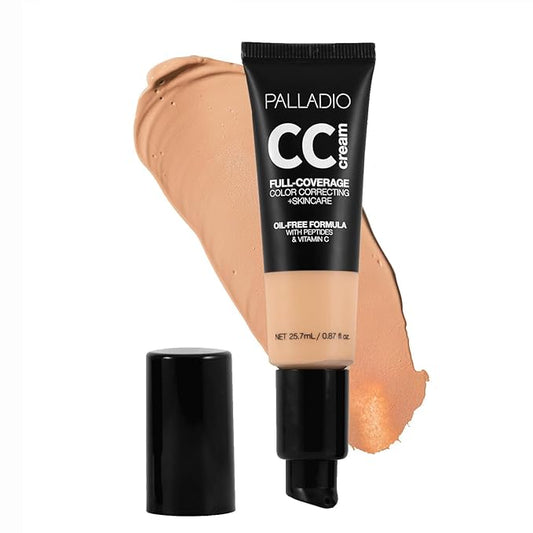 Palladio Full-Coverage Color Correction CC Cream, Oil-Free with Peptides & Vitamin C, Best for Correcting Redness and Uneven Skin Tone, Buildable Foundation Coverage (Med 32W)-Velvo Beauty