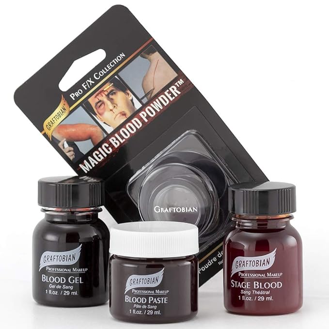 Graftobian Blood Sampler Set Makeup Kit - with 4 FX Bloods - Blood Gel, Blood Paste, Stage Blood, Magic Blood Powder-Velvo Beauty