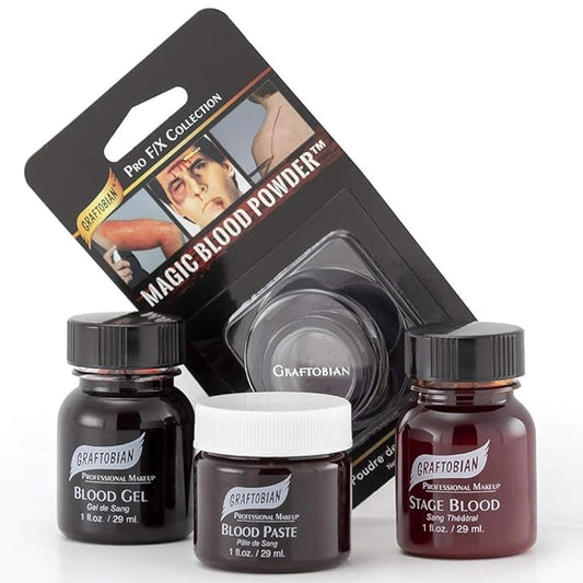 Graftobian Blood Sampler Set Makeup Kit - with 4 FX Bloods - Blood Gel, Blood Paste, Stage Blood, Magic Blood Powder-Velvo Beauty