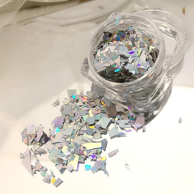 Aurora Laser Silver Glitter for Nails Sparkly Irregular Chunky Glitter Sequin Nail Charms for Nails Design Nail Glitter Flakes Holographic Iridescent Glitter Nail Sequins for Crafts Nail Art Supplies-Velvo Beauty