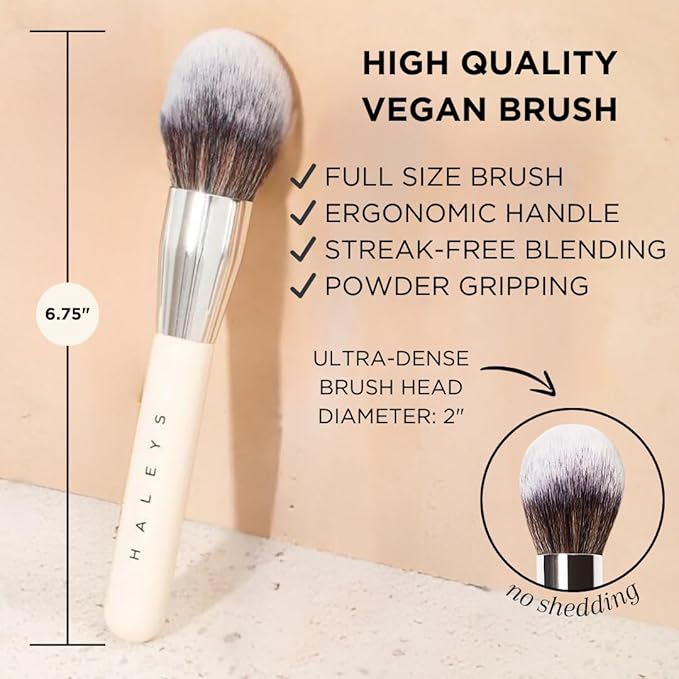 HALEYS Powder Brush VEGAN+CRUELTY-FREE, Soft, Streak-free, Perfect Blending, Buff, Blurs, Smooths, Control, Precision, Complexion tools, For powder, setting powder, blush, Sustainable Wood Handle-Velvo Beauty