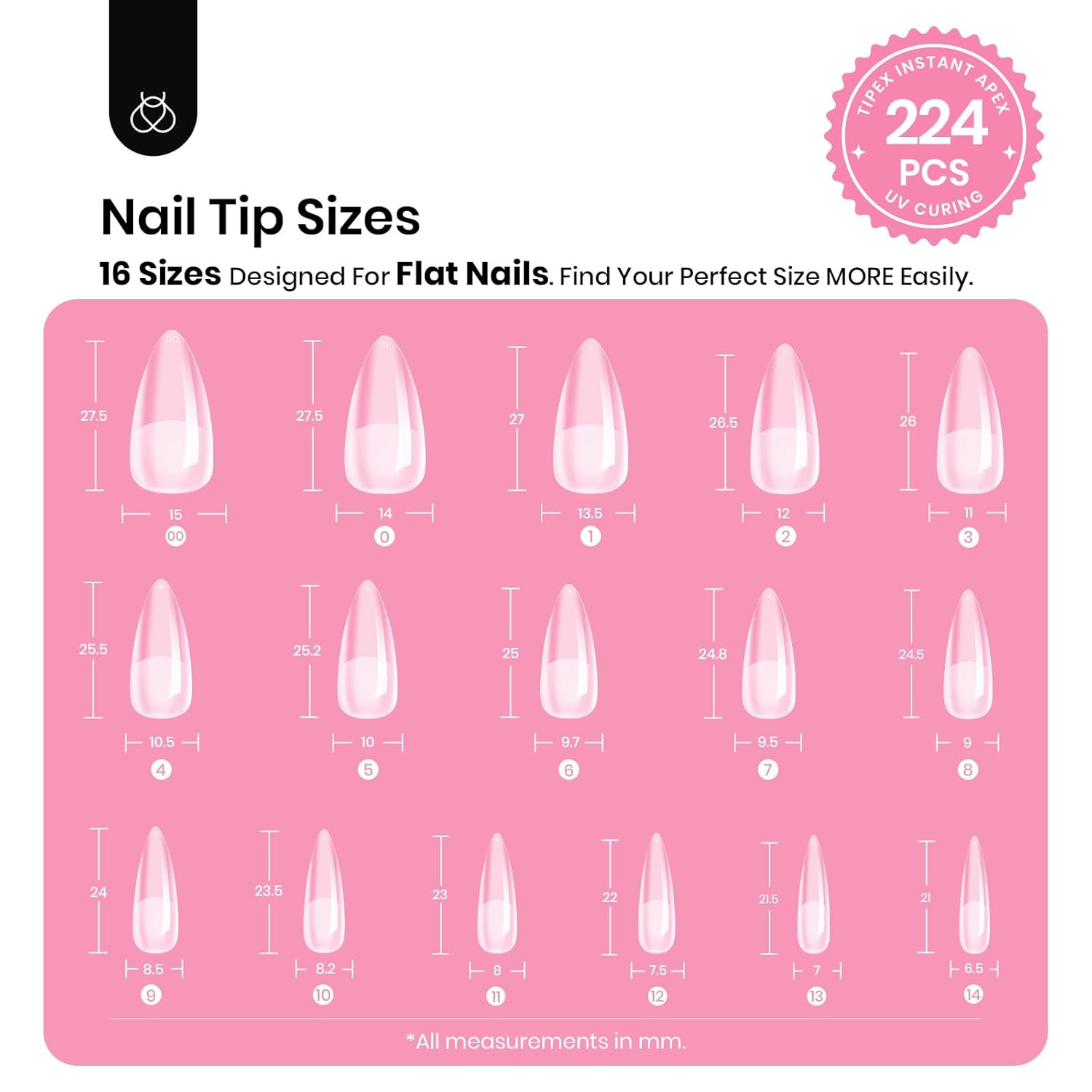Beetles Tipex Instant Apex Nail Tips Kit Halloween Nails, Medium Stiletto, 224 Pcs 16 Sizes Pre-Building Pre-Etched False Nail Tips with Tipex Nail Glue, Mini Nail Lamp-Velvo Beauty