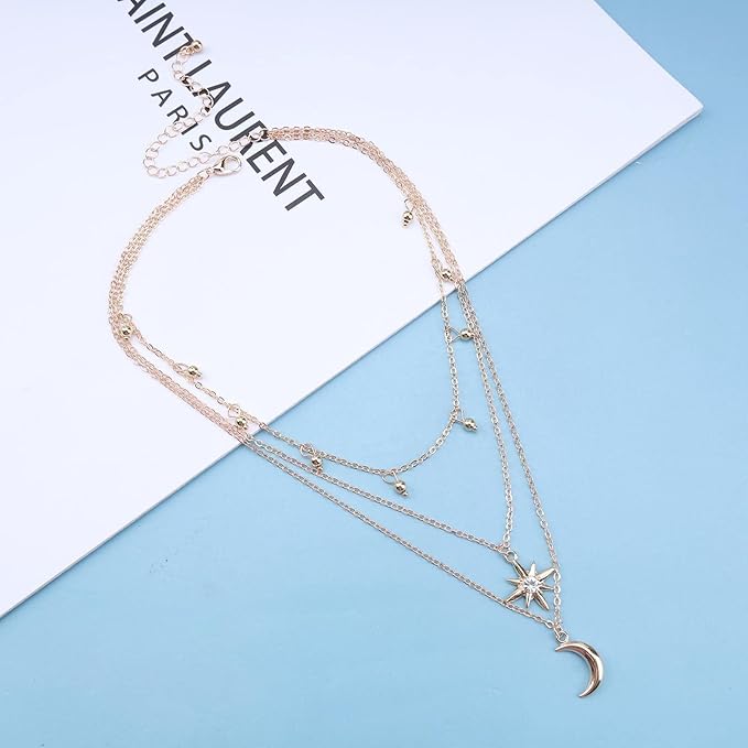 Bohemia Layered Star Choker Necklace Crescent Moon Pendant Necklace Chain Crystal Star Choker Necklace Gold Moon Necklace Jewelry for Women and Girls-Velvo Beauty